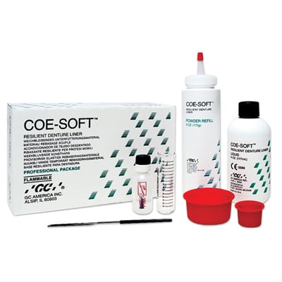 GC Corporation Coe-Soft Soft Denture Reline Material, Self-Cure, 6 oz Powder & 6 oz Liquid - Professional Export Package GC Corporation Coe-Soft Soft Denture Reline Material, Self-Cure, 6 oz Powder & 6 oz Liquid - Professional Export Package
